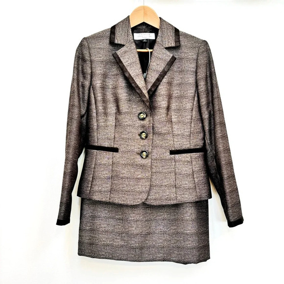Tahari Dresses & Skirts - Tahari 2 Piece Brown Metallic Tweed Blazer & Skirt Set Faux Suede Trim Brown 6P